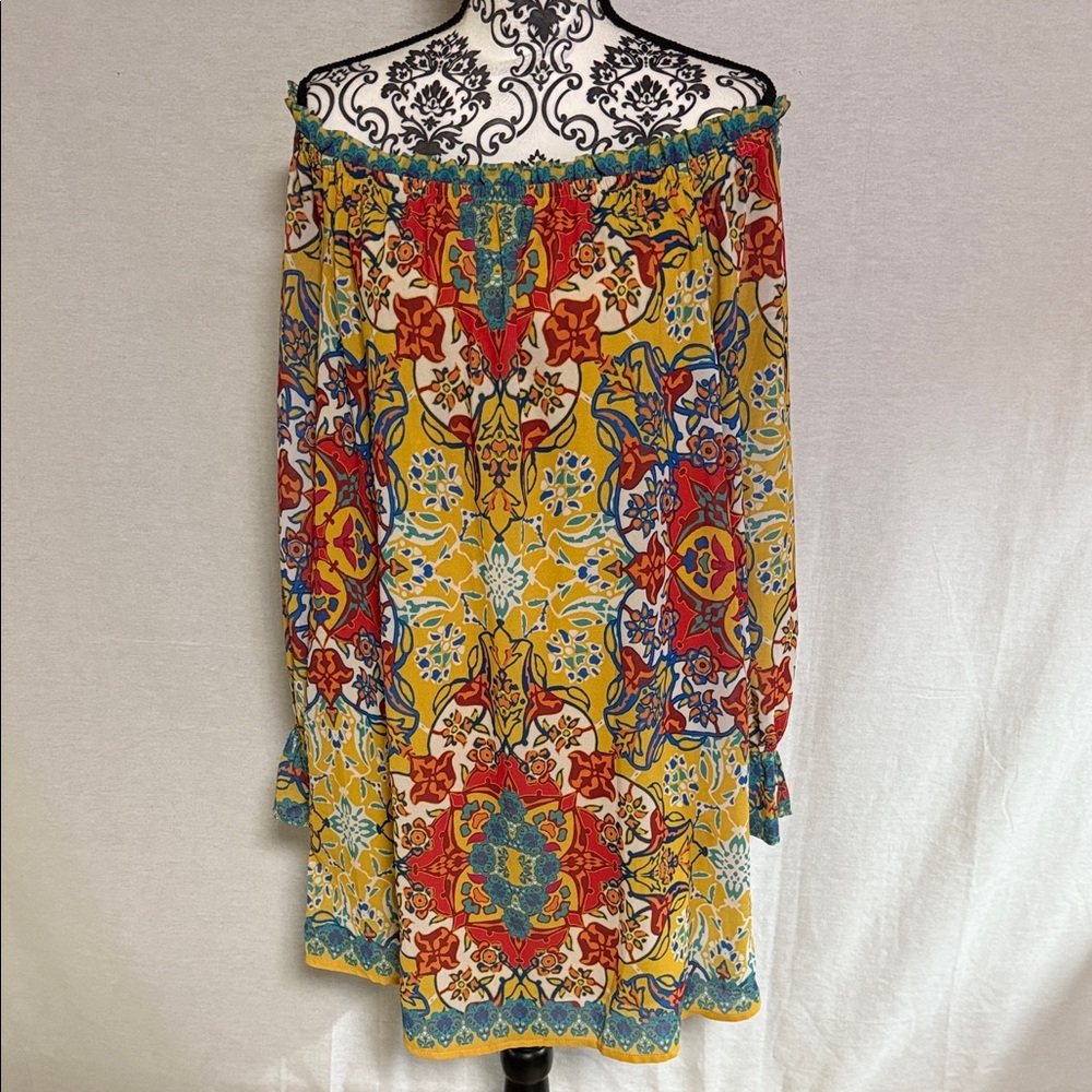 Flying Tomato off the Shoulder Shift Multicolor Long Sleeve Lined Dress pockets